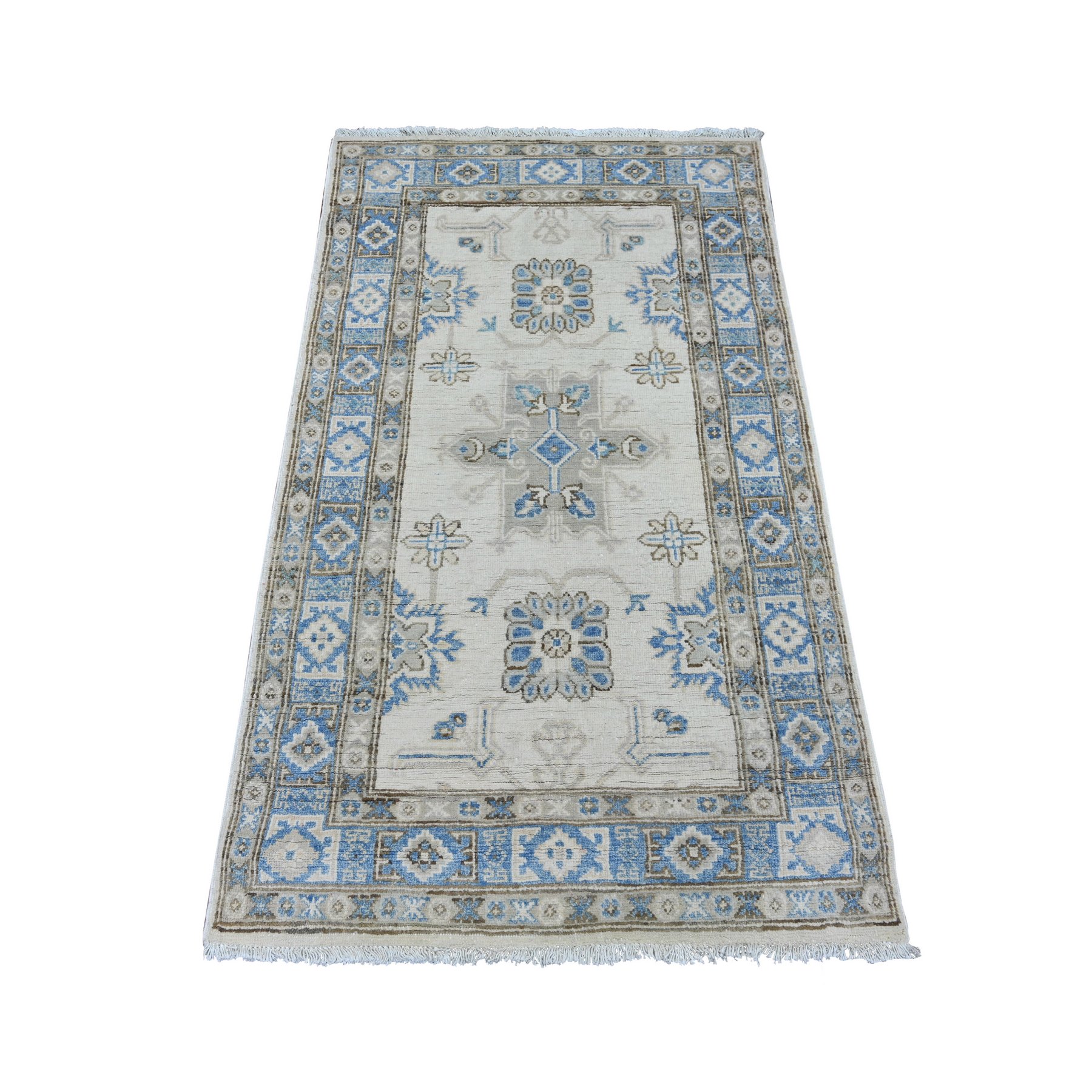3'x4'10" Alabaster White, Vintage Look Kazak with Tribal Medallion, Hand Knotted, 100% Wool, Natural Dyes, Oriental Rug 